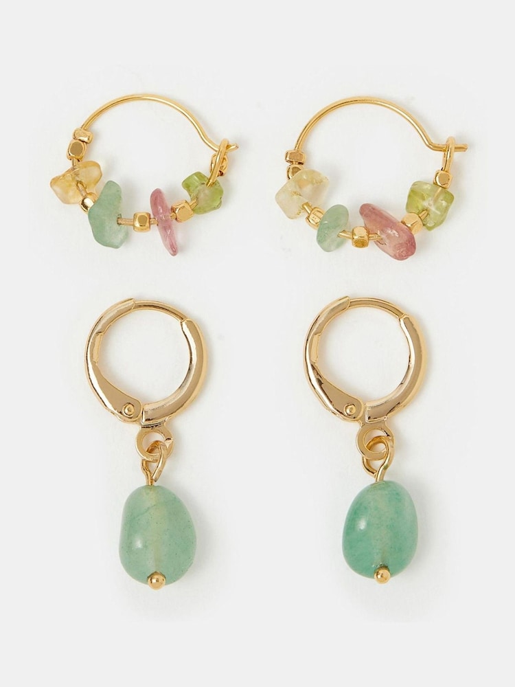 Accessorize Gold 14ct Gold-Plated Aventurine Stone Hoop Earrings 2-Pack - Image 1 of 2 Accessorize Gold 14ct Gold-Plated Aventurine Stone Hoop Earrings 2-Pack - Image 1 of 2