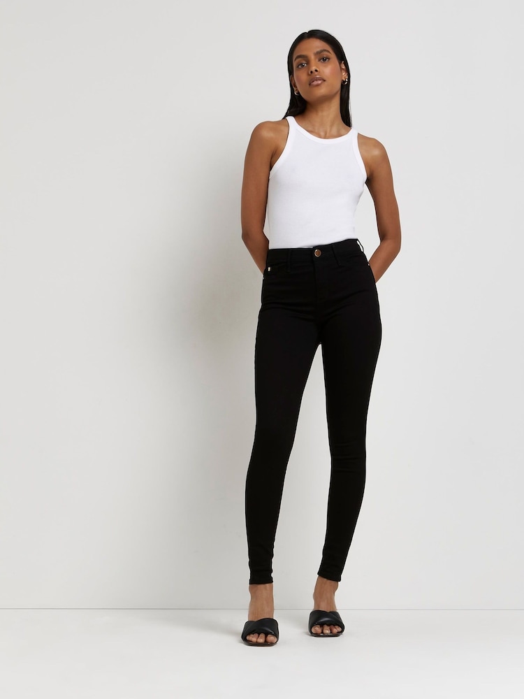 River Island Black Mid Rise Skinny 100% Cotton Jeans - Image 1 of 4