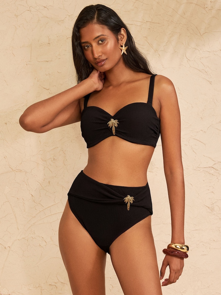 Love & Roses Black Palm Tree Trim High Waist Tummy Control Bikini Bottoms - Image 2 of 4