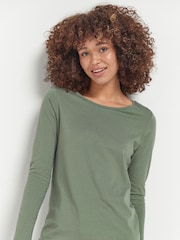 Green Khaki Long Sleeve Crew Neck 100% Cotton Top - Image 1 of 4