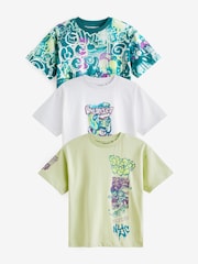 Lime Green/White Graffiti Relaxed Fit Graphic 100% Cotton Short Sleeve T-Shirts 3 Pack (3-16yrs) - Image 1 of 3