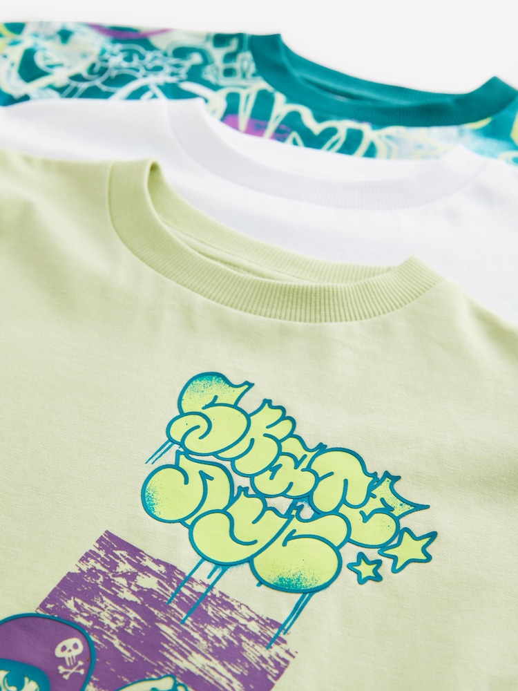 Lime Green/White Graffiti Relaxed Fit Graphic 100% Cotton Short Sleeve T-Shirts 3 Pack (3-16yrs) - Image 3 of 3