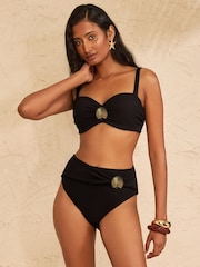 Love & Roses Black Fan Trim High Waist Tummy Control Bikini Bottoms - Image 1 of 4