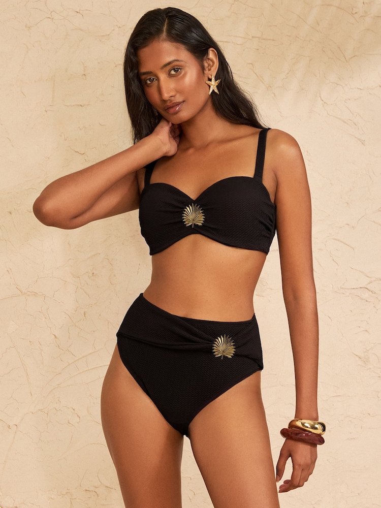Love & Roses Black Fan Trim High Waist Tummy Control Bikini Bottoms - Image 1 of 4