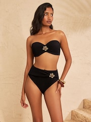 Love & Roses Black Flower Trim High Waist Tummy Control Bikini Bottoms - Image 1 of 4