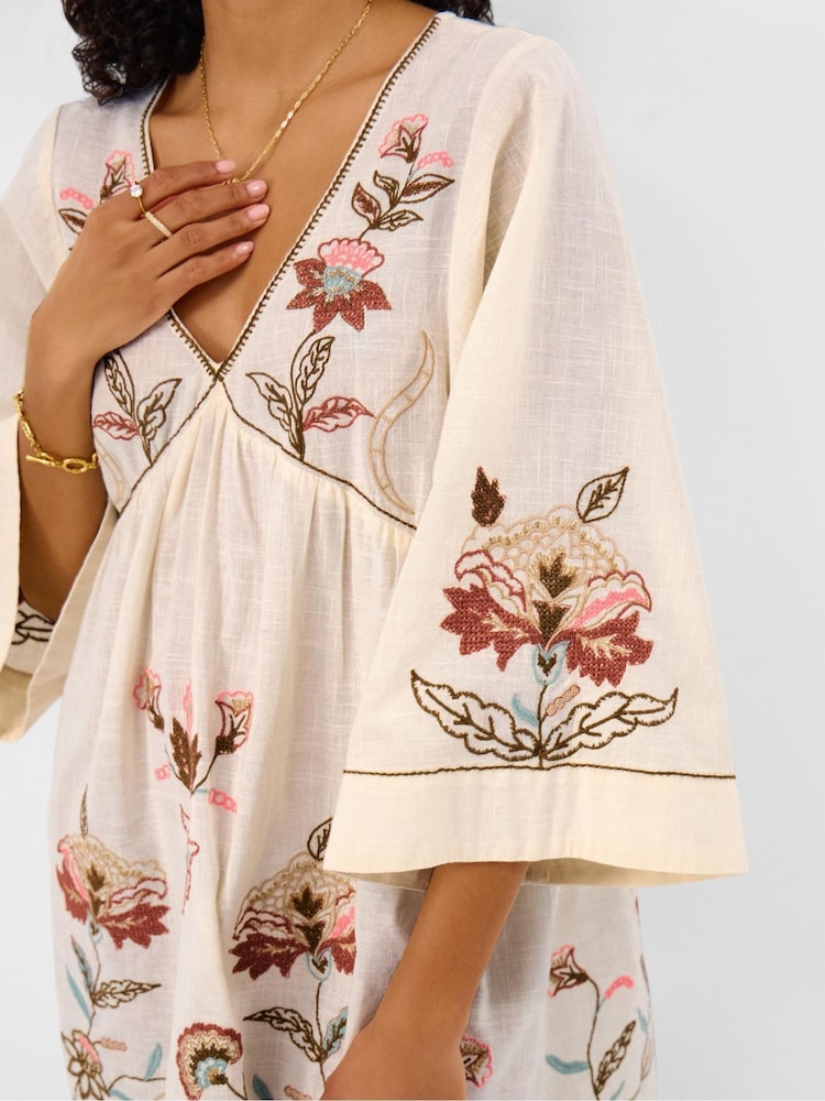 Accessorize Cream Floral Embroidered Mini Kaftan - Image 2 of 4 Accessorize Cream Floral Embroidered Mini Kaftan - Image 2 of 4