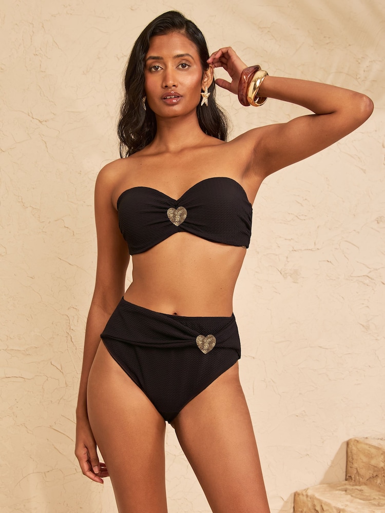 Love & Roses Black Heart Trim High Waist Tummy Control Bikini Bottoms - Image 2 of 4 Love & Roses Black Heart Trim High Waist Tummy Control Bikini Bottoms - Image 2 of 4