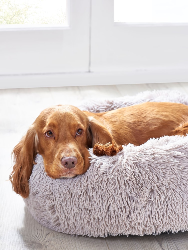 Grey Round Faux Fur Pet Bed - Image 1 of 4