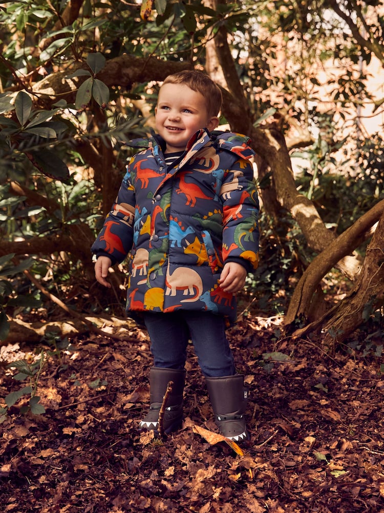 JoJo Maman Bébé Denim Blue Dinosaur Character Puffer Jacket - Image 1 of 8