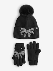 Baker by Ted Baker Girls Knitted Diamante Black Pom Hat And Gloves Set - Image 1 of 5