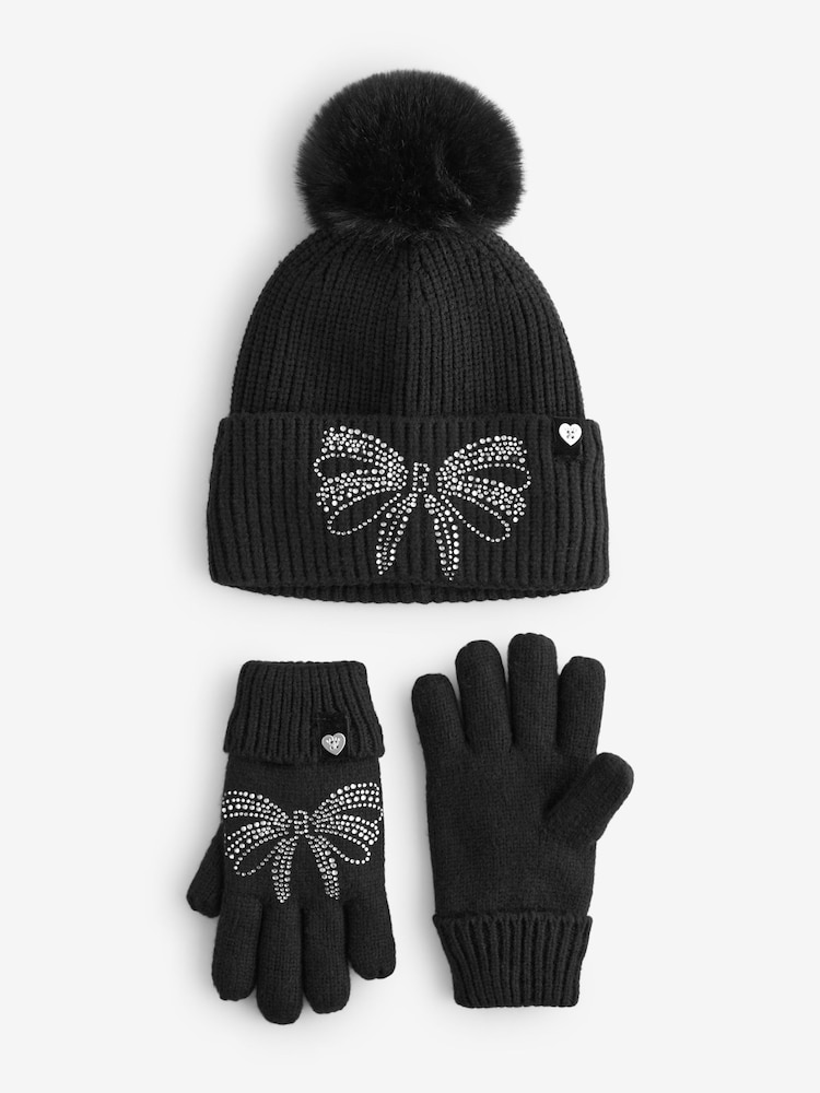 Baker by Ted Baker Girls Knitted Diamante Black Pom Hat And Gloves Set - Image 1 of 5