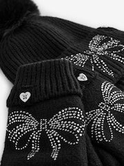 Baker by Ted Baker Girls Knitted Diamante Black Pom Hat And Gloves Set - Image 2 of 5