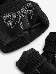 Baker by Ted Baker Girls Knitted Diamante Black Pom Hat And Gloves Set - Image 3 of 5