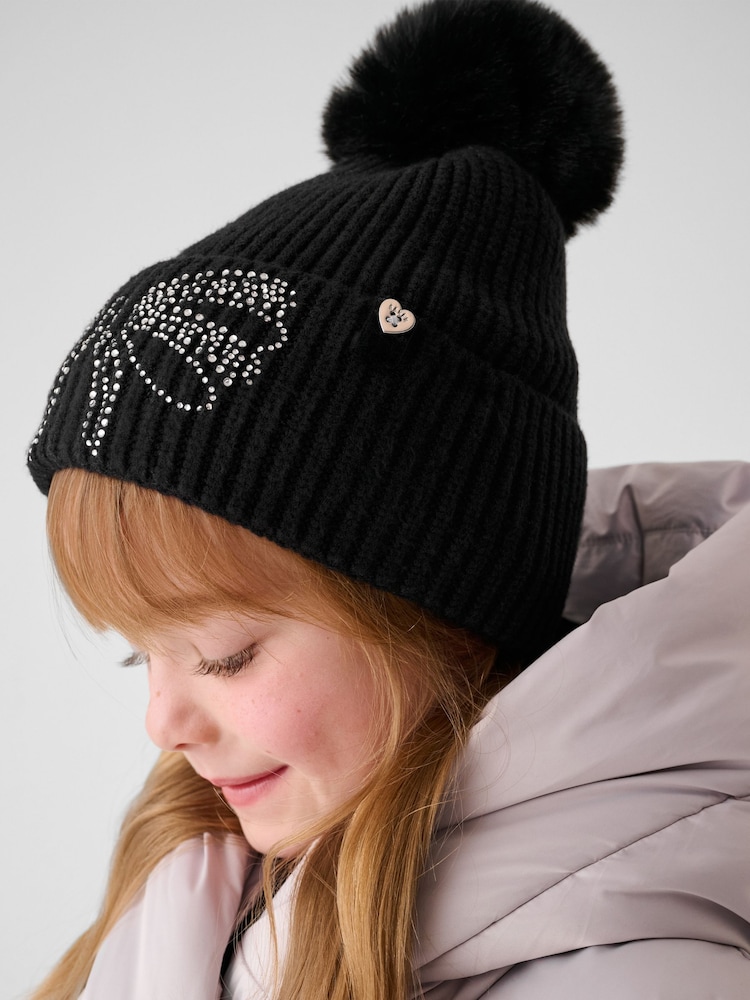 Baker by Ted Baker Girls Knitted Diamante Black Pom Hat And Gloves Set - Image 5 of 5