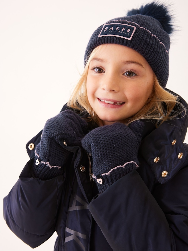 Baker by Ted baker Girls Navy Pom Beanie and Gloves Set - Image 1 of 6