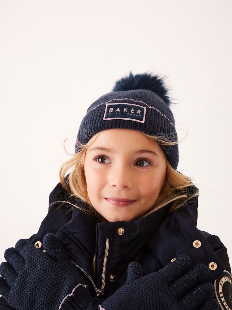Baker by Ted baker Girls Navy Pom Beanie and Gloves Set - Image 2 of 6