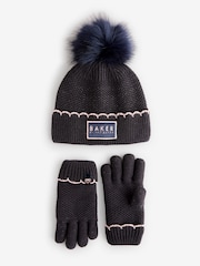 Baker by Ted baker Girls Navy Pom Beanie and Gloves Set - Image 4 of 6