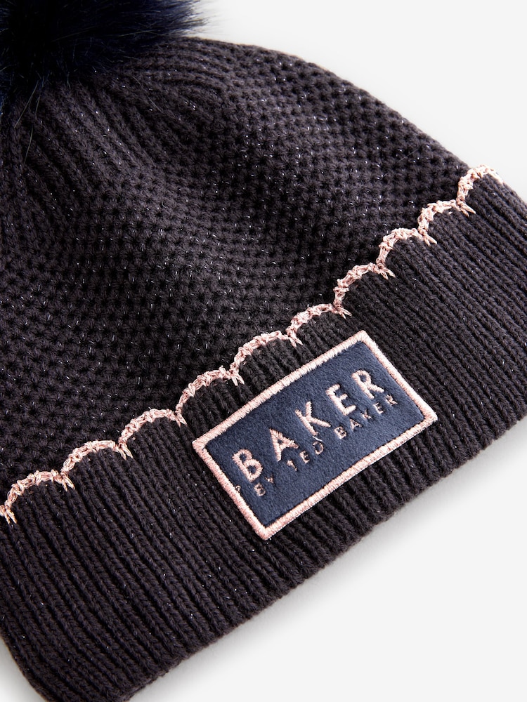 Granatowy dziewczęcy komplet Baker By Ted Baker: czapka z pomponem i rękawiczki - Image 5 of 6