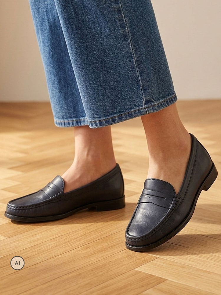 Jones Bootmaker Navy Blue Leather Regular Fit Tamsyn Smart Leather Penny Loafers - Image 1 of 6