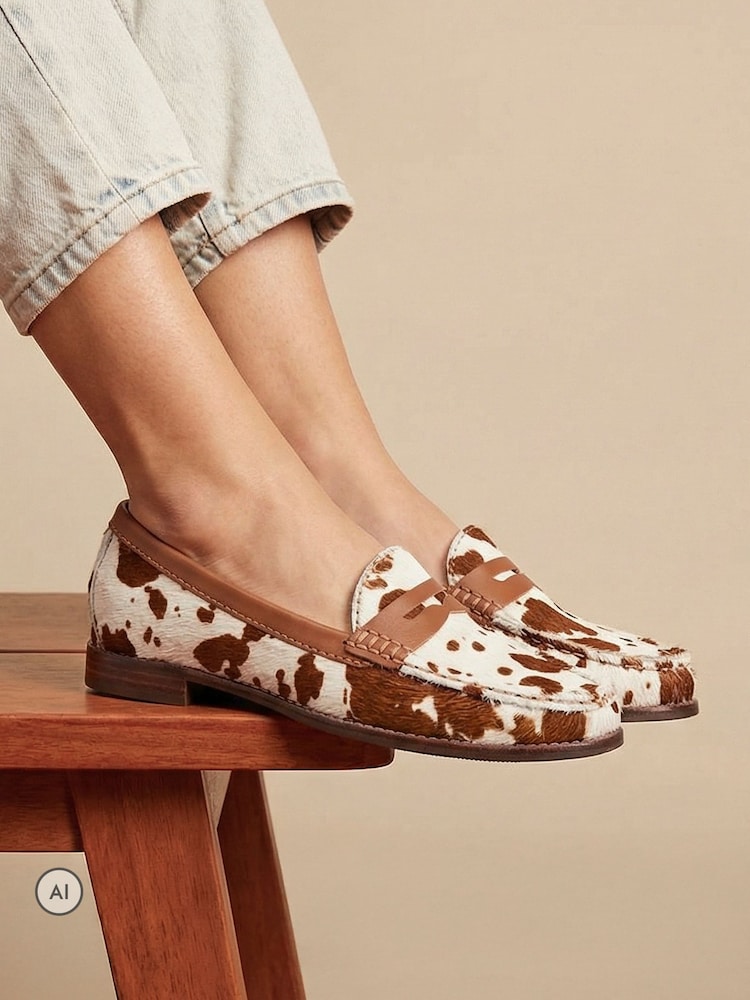 Jones Bootmaker Animal Wide Fit Tamsyn Smart Leather Penny Loafers - Image 1 of 6 Jones Bootmaker Animal Wide Fit Tamsyn Smart Leather Penny Loafers - Image 1 of 6