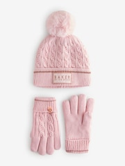 Baker by Ted Baker Girls Pink Knited Pom Hat And Gloves Set - Image 1 of 4