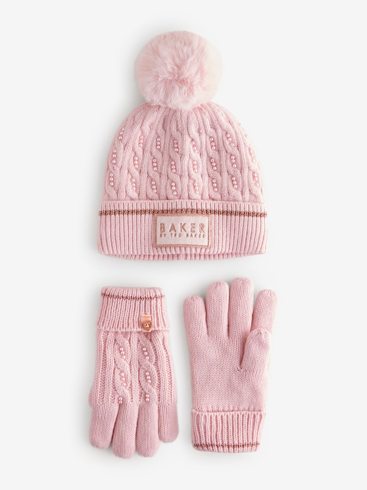 Baker by Ted Baker Girls Pink Knited Pom Hat And Gloves Set - Image 1 of 4