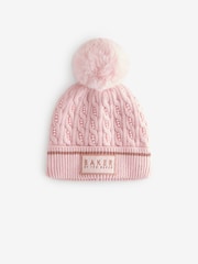 Baker by Ted Baker Girls Pink Knited Pom Hat And Gloves Set - Image 2 of 4