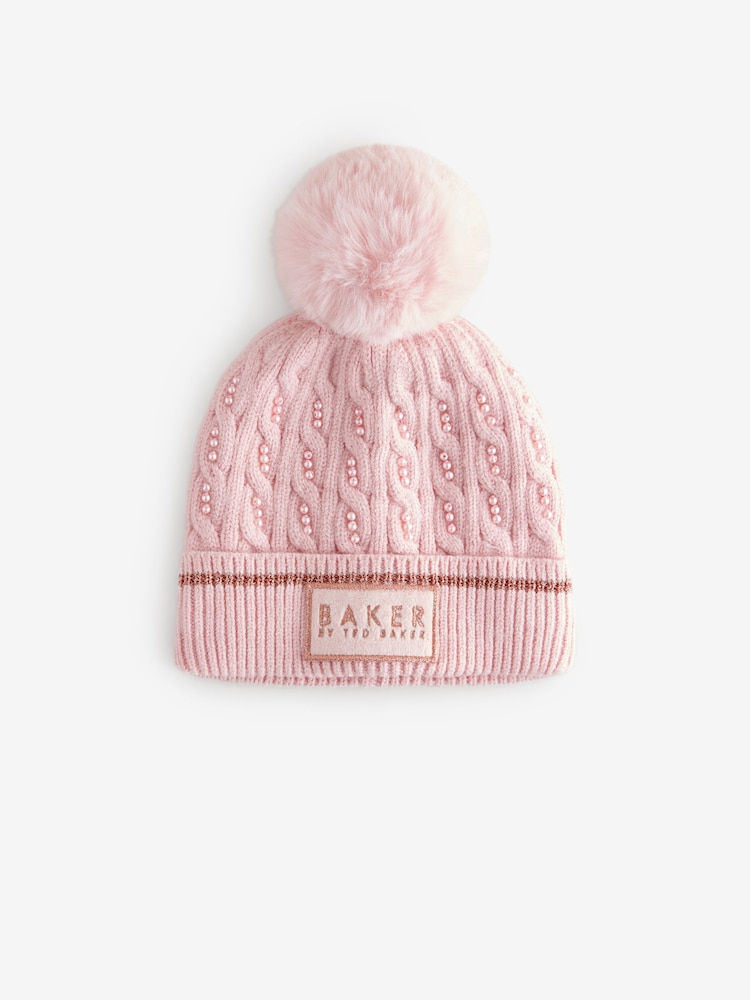 Baker by Ted Baker Girls Pink Knited Pom Hat And Gloves Set - Image 2 of 4