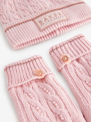 Baker by Ted Baker Girls Pink Knited Pom Hat And Gloves Set - Image 4 of 4
