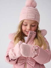 Baker By Ted Baker Girls Pink Scallop Knited Pom Hat and Mittens Set - Image 1 of 6