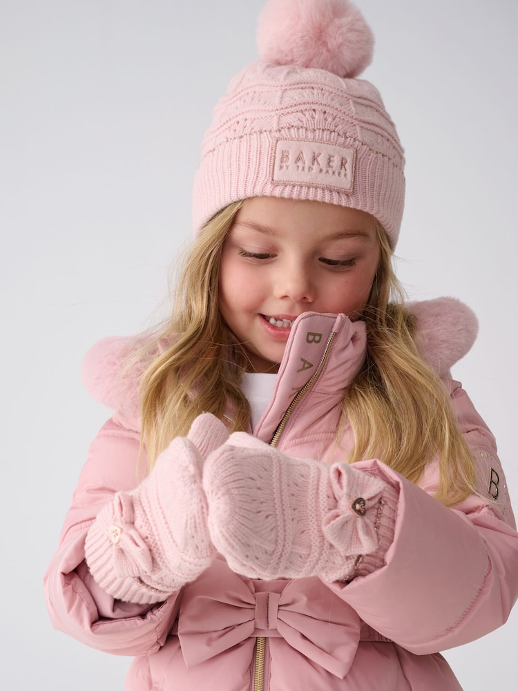 Baker By Ted Baker Girls Pink Scallop Knited Pom Hat and Mittens Set - Image 1 of 6