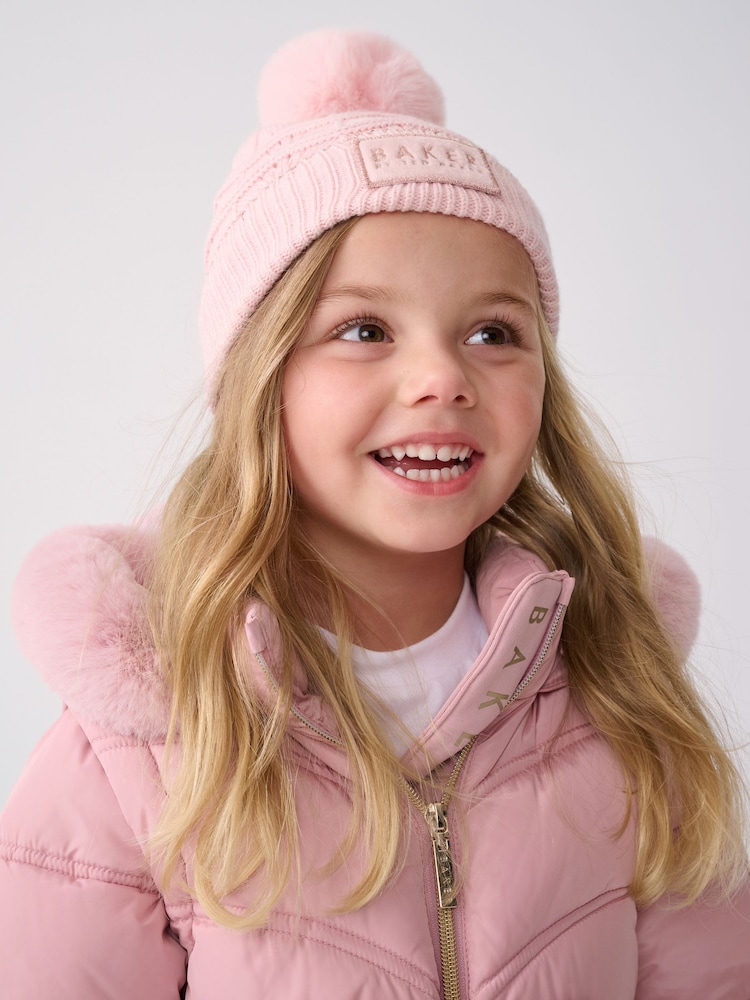Baker By Ted Baker Girls Pink Scallop Knited Pom Hat and Mittens Set - Image 2 of 6