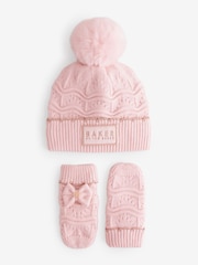 Baker By Ted Baker Girls Pink Scallop Knited Pom Hat and Mittens Set - Image 4 of 6