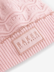 Baker By Ted Baker Girls Pink Scallop Knited Pom Hat and Mittens Set - Image 5 of 6