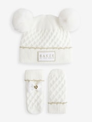 Baker By Ted Baker Girls Cream Double Pom Eared Hat and Mittens Set - Image 1 of 5