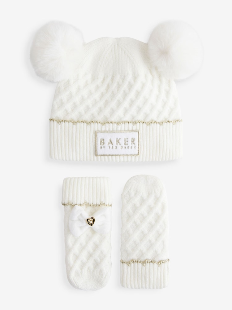 Baker By Ted Baker Girls Cream Double Pom Eared Hat and Mittens Set - Image 1 of 5