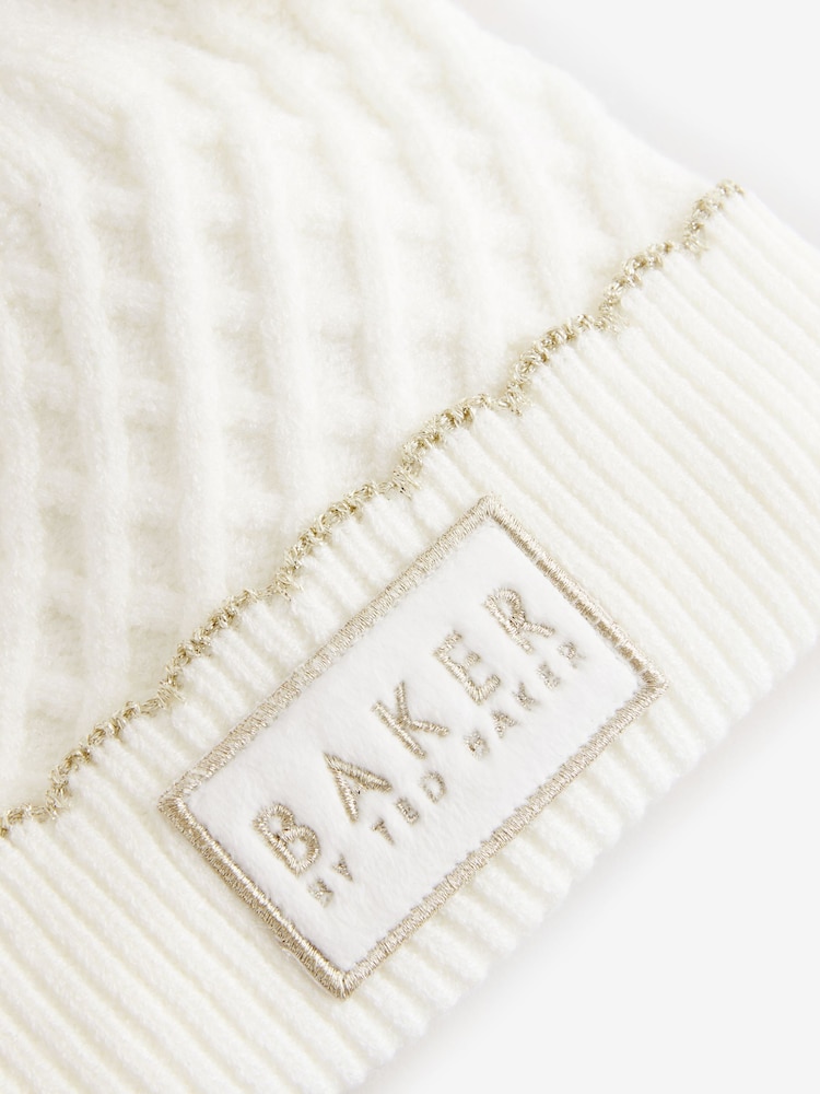 Baker By Ted Baker Girls Cream Double Pom Eared Hat and Mittens Set - Image 2 of 5