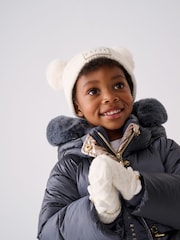 Baker By Ted Baker Girls Cream Double Pom Eared Hat and Mittens Set - Image 4 of 5
