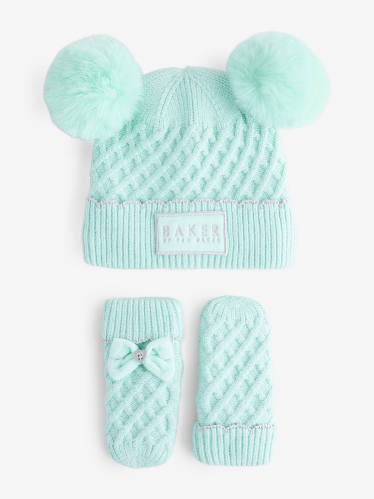 Синий - Baker By Ted Baker Girls Cream Double Pom Eared Hat and Mittens Set - Изображение 1 из 7