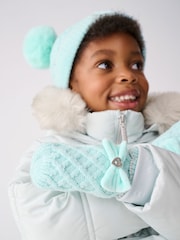 Синий - Baker By Ted Baker Girls Cream Double Pom Eared Hat and Mittens Set - Изображение 6 из 7