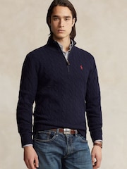 Polo Ralph Lauren Navy Wool Cashmere Cable Knit Quarter Zip Jumper - Image 1 of 5