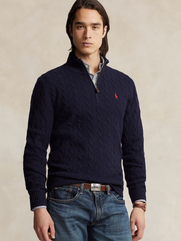 Polo Ralph Lauren Navy Wool Cashmere Cable Knit Quarter Zip Jumper - Image 1 of 5
