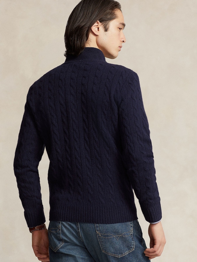 Polo Ralph Lauren Navy Wool Cashmere Cable Knit Quarter Zip Jumper - Image 2 of 5