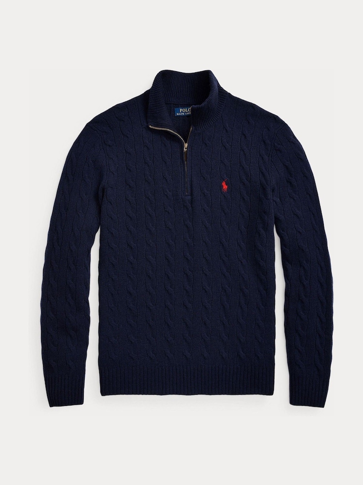 Polo Ralph Lauren Navy Wool Cashmere Cable Knit Quarter Zip Jumper - Image 5 of 5