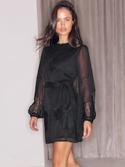 Lipsy Black Lace Dobby Chiffon Mix Tie Waist Mini Dress - Image 1 of 5