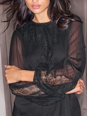 Lipsy Black Lace Dobby Chiffon Mix Tie Waist Mini Dress - Image 2 of 5