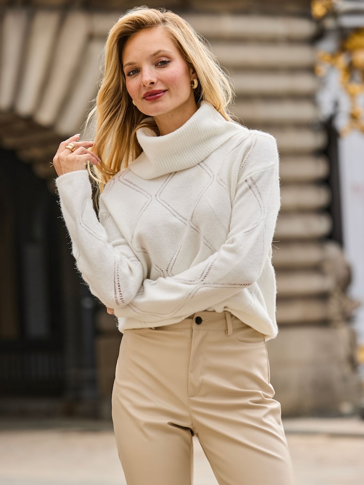 Sosandar White Cowl Neck Pointelle Jumper - Image 5 of 5