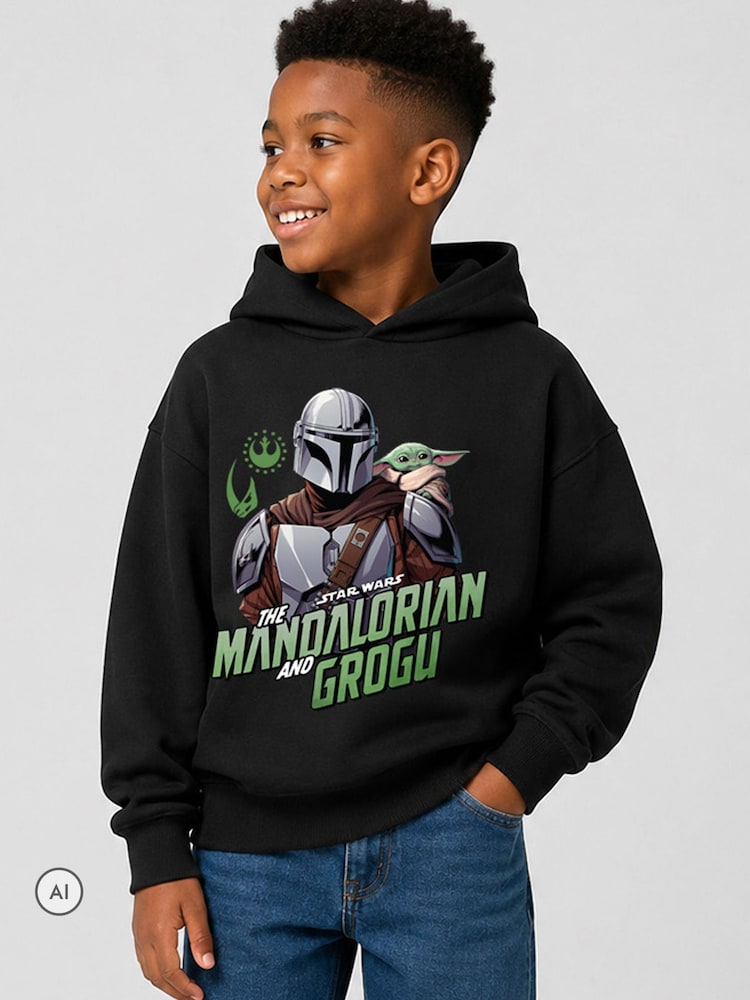 Brand Threads Black Mando & Grogu Hoodie - Image 1 of 4 Brand Threads Black Mando & Grogu Hoodie - Image 1 of 4