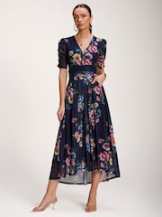 Jolie Moi Dark Blue Floral Print Mesh Maxi Dress - Image 1 of 6