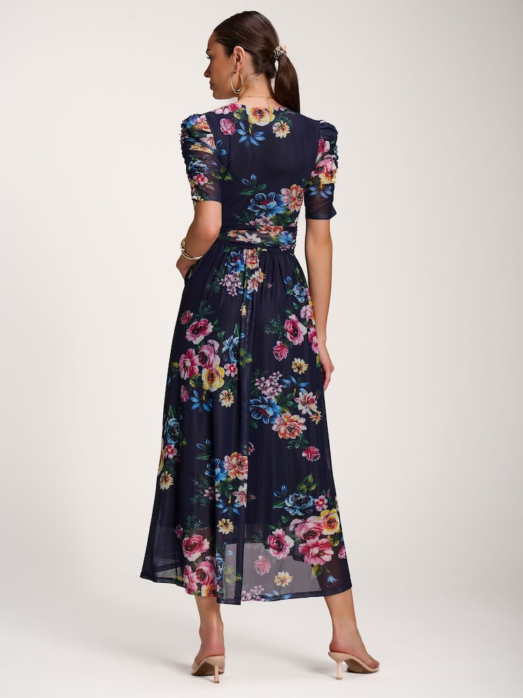 Jolie Moi Dark Blue Floral Print Mesh Maxi Dress - Image 2 of 6